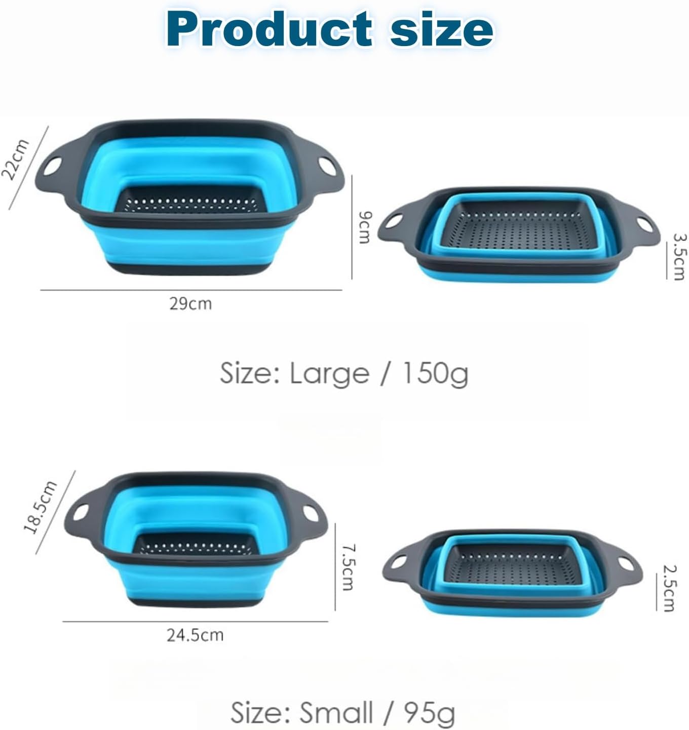 2PCS Collapsible Silicone Colander Set - 11.5 Inch & 9.5 Inch Foldable Kitchen Strainers for Draining Vegetables, Fruits, Pasta & More