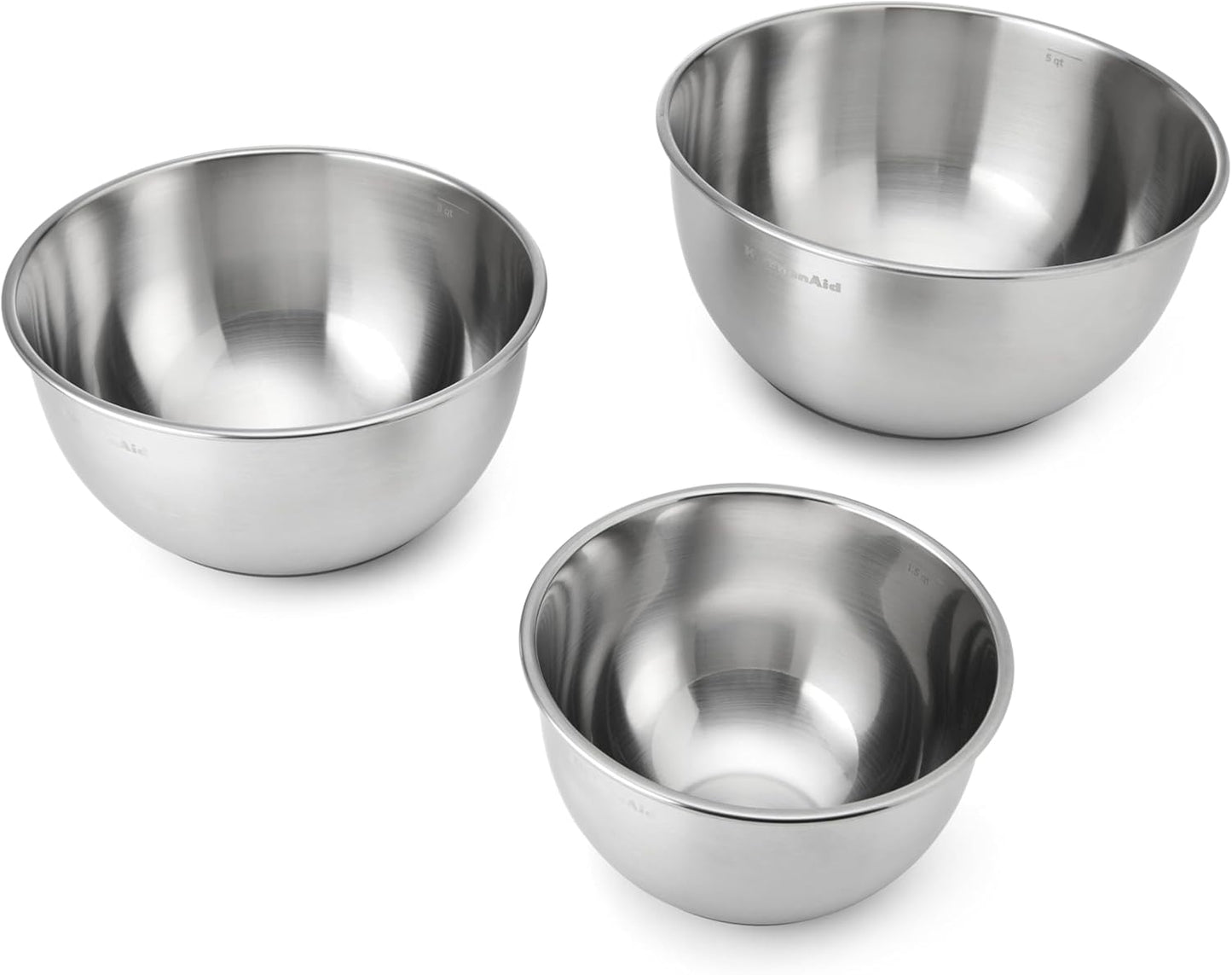 KitchenAid Universal Nesting Plastic Mixing Bowls, Set Of 3, 2.5 quart, 3.5 quart, 4.5 quart, Non Slip Base with Easy Pour Spout to Reduce Mess, Dishwasher Safe, Aqua Sky, White, Gray