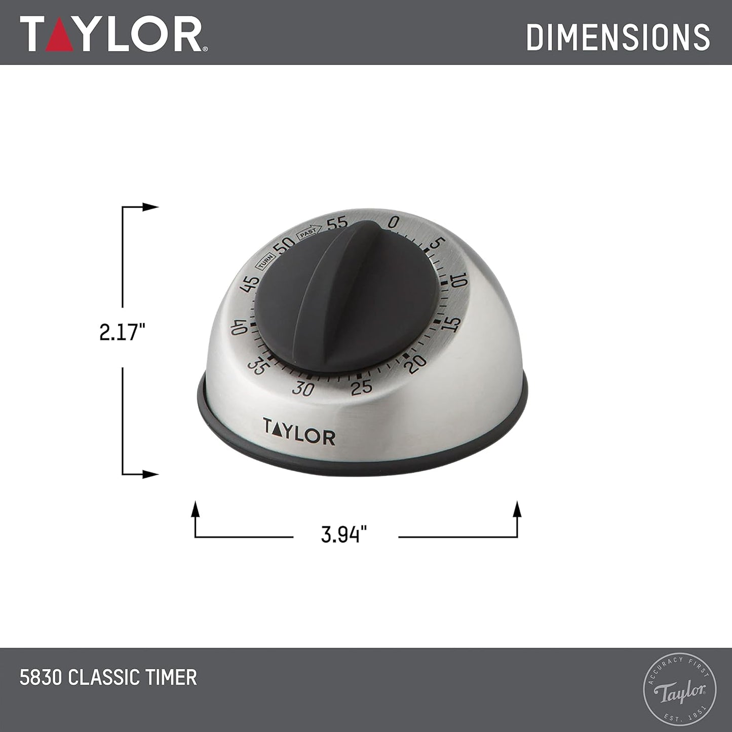 Taylor Mechanical Timer, Countdown with Easy-Turn Dial and Loud Ring Alarm, Compact Tool for Cooking, Baking, Classroom Activities, Homework, Studying, Projects, Stainless Steel