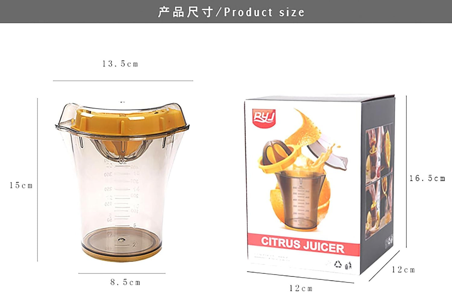 Citrus Lemon Orange Grapefruit Juicer, Manual Squeezer with Measuring Cup Container and Grater, Hand Juicer Reamer Rotation Press with Strainer, 2 Pour Spouts, 600ml/20oz
