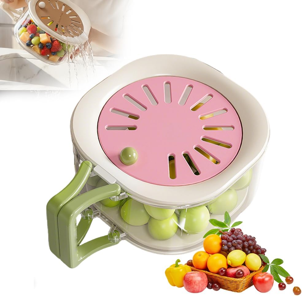 2-in-1 Draining and Preservation Basket,Multifunctional Fruit and Vegetable Washing Bowl with Handle Fruit Strainer Container and Lid for Kitchen Fridge Outdoor Picnic Camping (Brown)