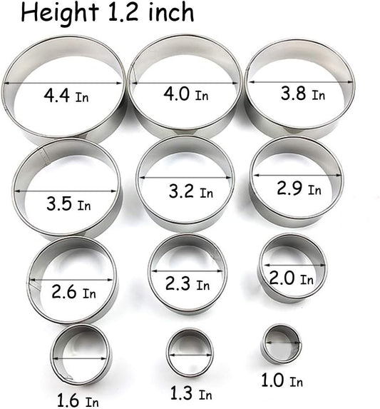 Stainless Steel Round Cookie Cutter Set, 12 Circular Biscuit Cutters Round Donut Ring Molds for Baking 1.2 Inch Height