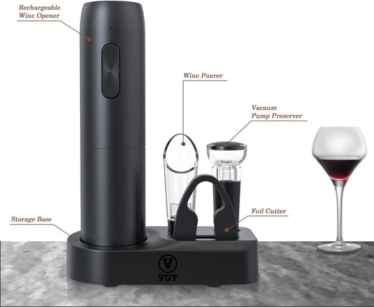 VGY Electric Wine Opener Set, 5 in 1 Rechargeable Automatic Electric Corkscrew with Charging Base, Foil Cutter, Wine Pourer & Vacuum Stopper, Electric Wine Bottle Opener for Home Bar & Wine Lovers