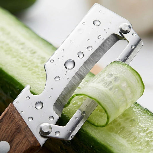 2Pcs Multifunctional Vegetable Peeler with Wooden Handle, 2-in-1 Stainless Steel Vegetable Peeler with Built-in Bottle Opener for Kitchen, Hand Held Peeler Slicer Kitchen Tool for Fruit and Vegetable