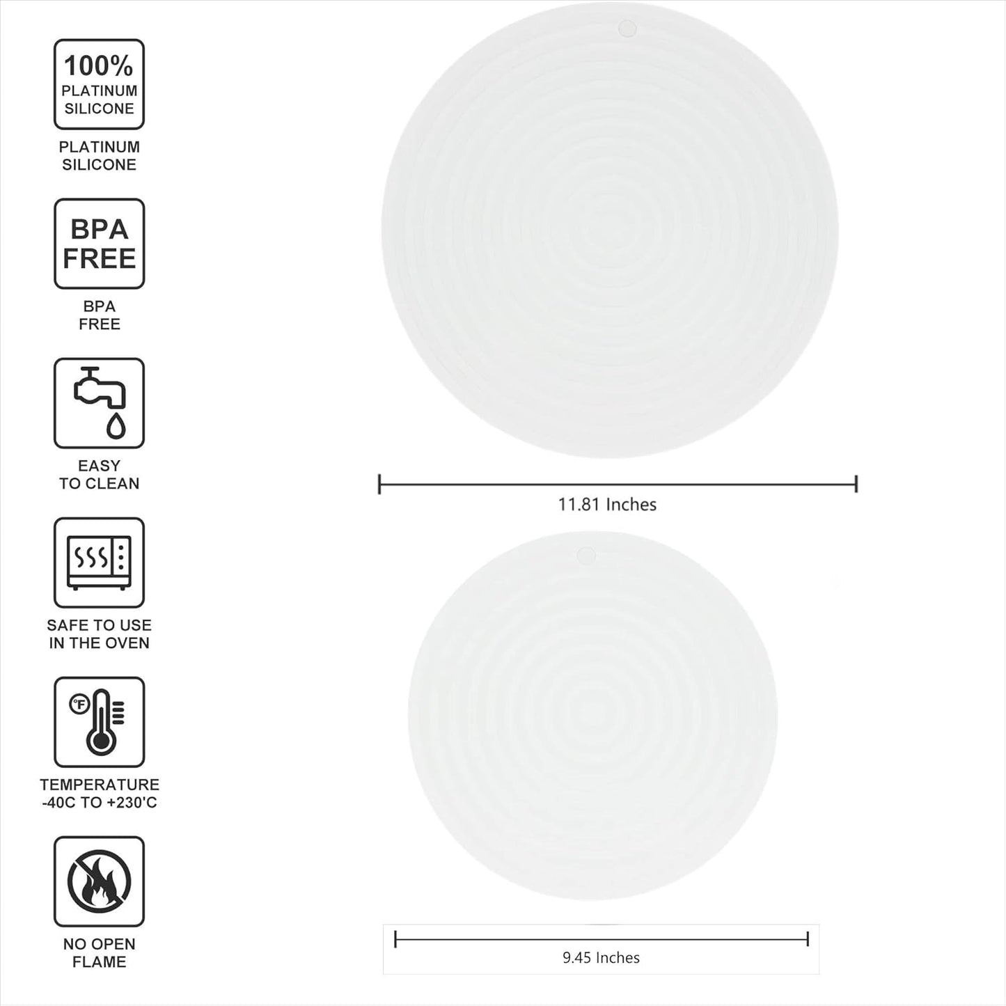Silicone Trivets Mats for Pots and Pans, Heat Resistant Pot Holders, Flexible Hot Pads for Kitchen Table, Non Slip Mats, Dia11.81 and 9.45 Inches Big Round Microwave Mats Pack 3 White
