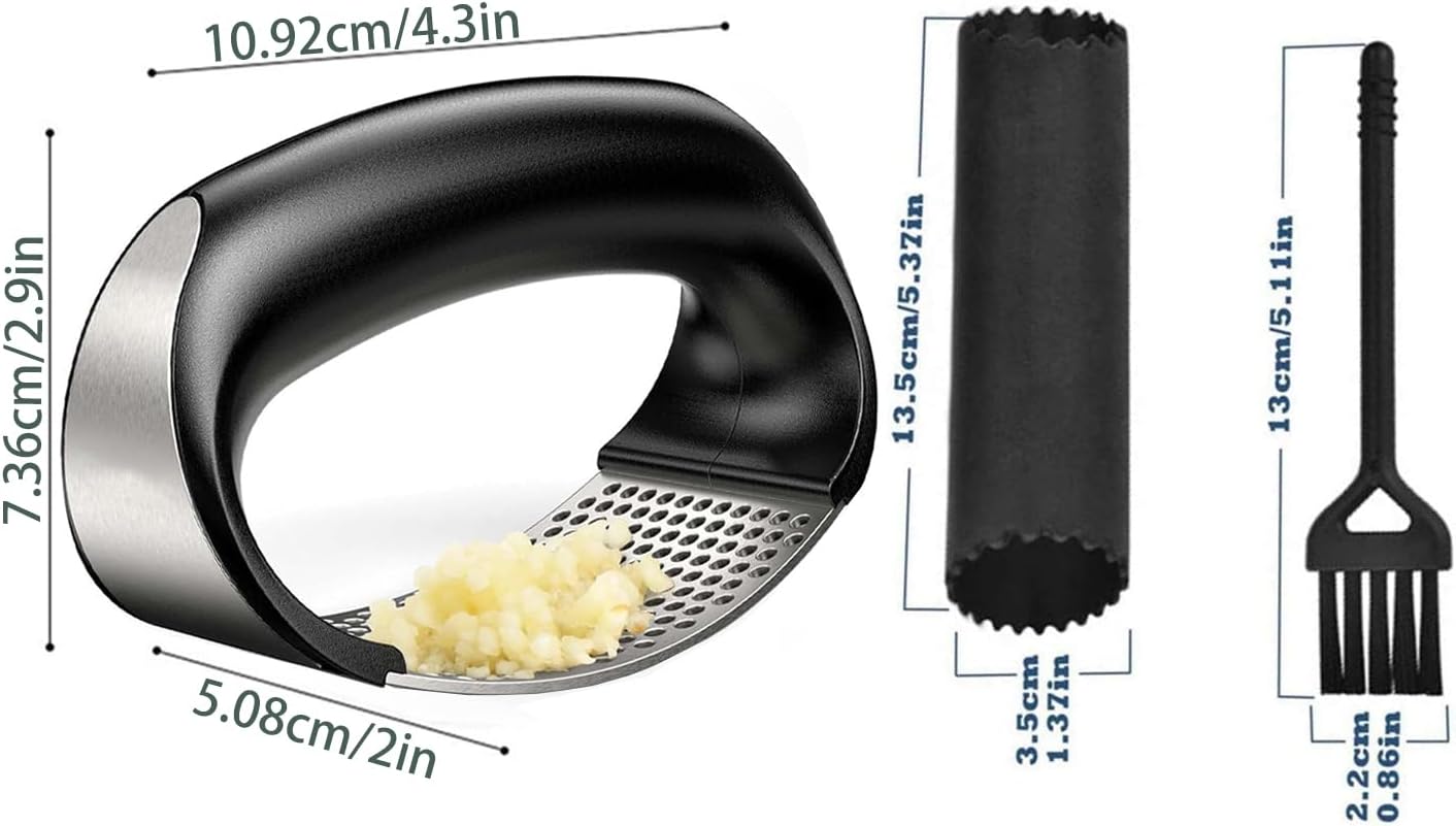 Garlic Press Rocker,New Stainless Steel Garlic Mincer Garlic Crusher Set,3-in-1 Garlic Crusher,Peeler with Cleaning Brush,Easy Squeeze Rocker Design for Smashing Garlic Kitchen Gadget