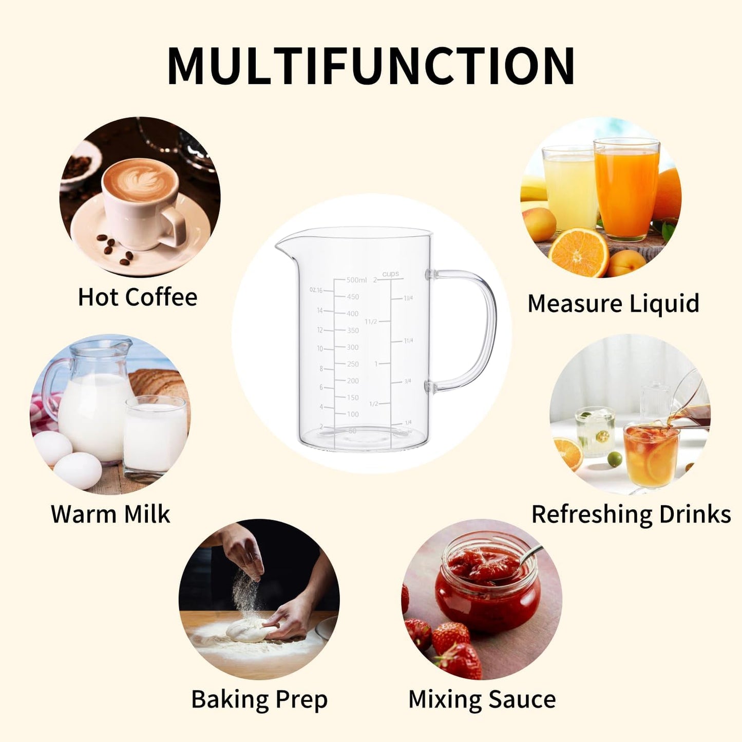 500ML Glass Measuring Cup With Handle, High Borosilicate Glass Three Scales V-Shaped Spout Clear Measuring Cup (OZ, Cup, ML/CC) Easy To Read Kitchen Tools