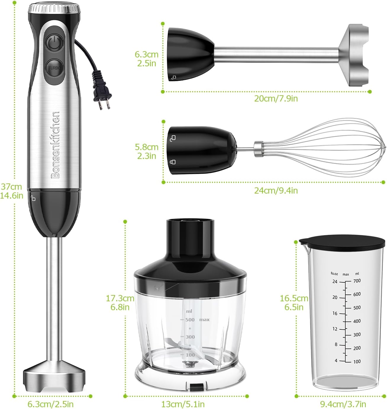 Bonsenkitchen Immersion Blender Handheld with Food Processor, 20 Speeds Hand Blender with Turbo Mode, Stainless Steel Blade, Egg Whisk, Beaker & Chopper Bowl, Hand Mixer for Smoothie, Soup, Baby Food