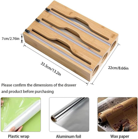 3 in 1 Plastic Wrap Dispenser with Cutter and Labels, Foil and Plastic Wrap Organizer, Aluminum Foil Organization and Storage, Foil Organizer for Drawer, Bamboo Aluminum foil Holder for 12.5"Roll Wrap