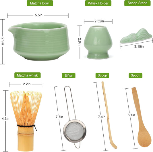 Accguan Matcha Whisk Set, 7pcs - Bamboo & Ceramic, Includes 19 oz Bowl, Whisk, Spoons, Holder, Sifter & More - Perfect for Matcha Lovers