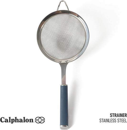 Calphalon Edge Stainless Steel Strainer, Fine Mesh Kitchen Colander Strainer with Thermoplastic Rubber Handle, Sifter for Rinsing, Draining & Straining Food, Navy