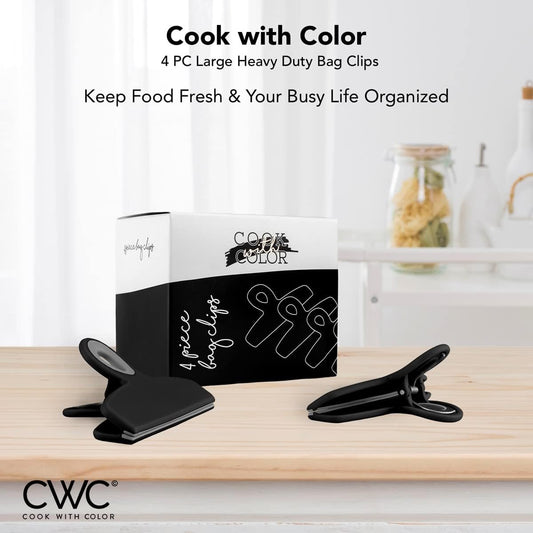 COOK WITH COLOR Bag Clips - Heavy Duty Chip Clip and Refrigerator Magnet for Food Storage with Air Tight Seal Grip, Bright Colors, Pack of 4 Large.