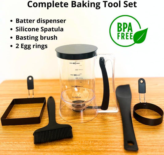 Complete Pancake & Cupcake Batter Dispenser Set - 4 Cup Capacity with Silicone Spatula, Basting Brush & Egg Rings - BPA Free All-In-One Breakfast & Baking Kitchen Tool for Home Cooking