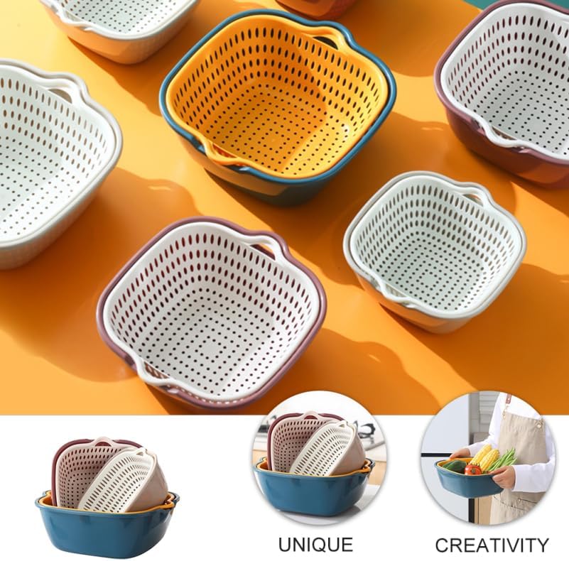 Kitchen Draining Basket Set 6Pcs Double-Layer Fruit Washing Basin and Vegetable Holder Stackable Colanders over Sink Drainer 10.23X9.44X3.93In