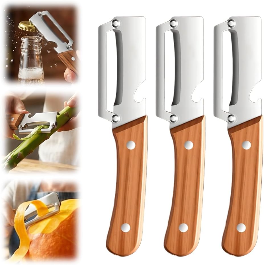 2 in 1 Multi-Functional Vegetable Peeler for Kitchen, 2026 New Stainless Steel Peeler with Bottle Opener and Wooden Handle, Kitchen Tool Peeler for Vegetable, Veggie, Fruit (Silver*1)