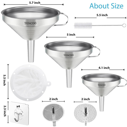 Toncoo 3 Pack Stainless Steel Funnels for Kitchen Use, Food Grade Cooking Funnel with 3 Strainer, Kitchen Funnel Set Metal Funnels for Filling Bottles