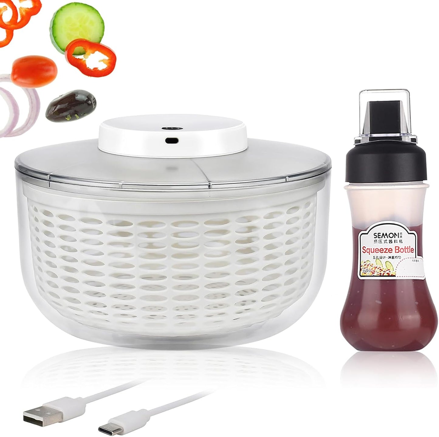 Electric Salad Spinner,6L Large Capacity Automatic Vegetables Fruit Washer Dryer Drainer Strainer,USB Charge Lettuce Spinner Cleaner with 350 ml Squeeze Bottle for Home Kitchen