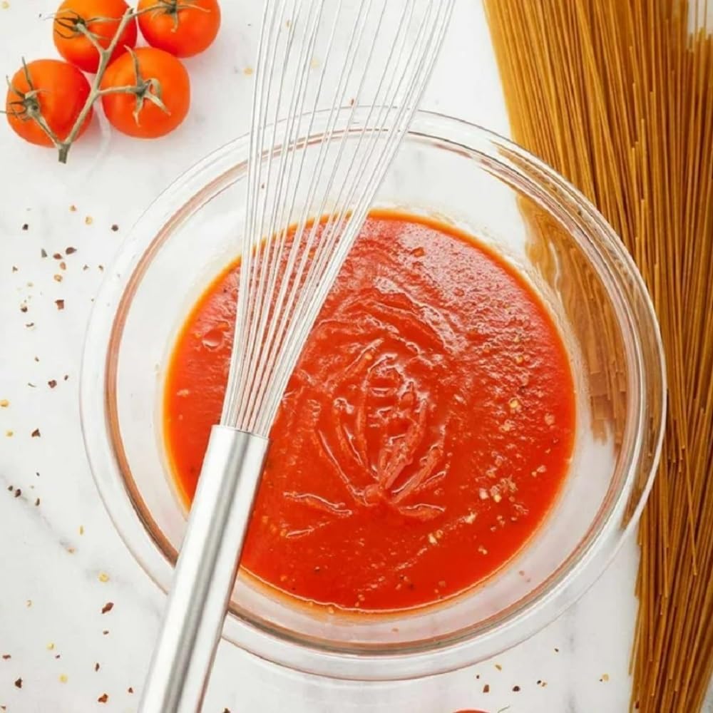 Soro Essentials- 14" Stainless Steel Piano Wire Whip- Thin Flexible Wire Whisk for Whisking Cooking Beating Blending Stirring Ingredients Mixing Sauces Baking Tools Cake Bread Pizza Pastry Biscuits