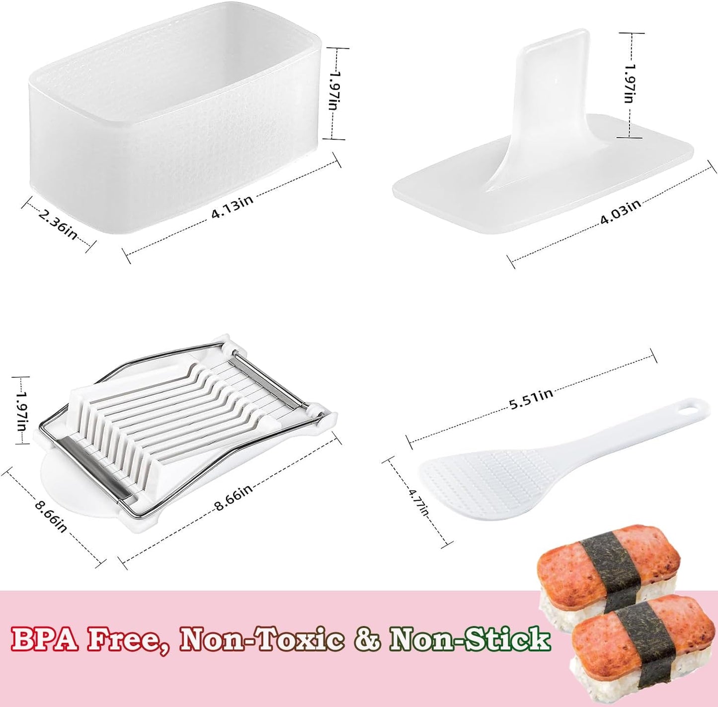 Spam Musubi Mold, 4 Pcs Musubi Maker Kit Spam Slicer Musubi Press Sushi Rice Onigiri Mold Set Egg Cutter for Luncheon Meat Hot Dog Cheese Strawberry Lunch Bento