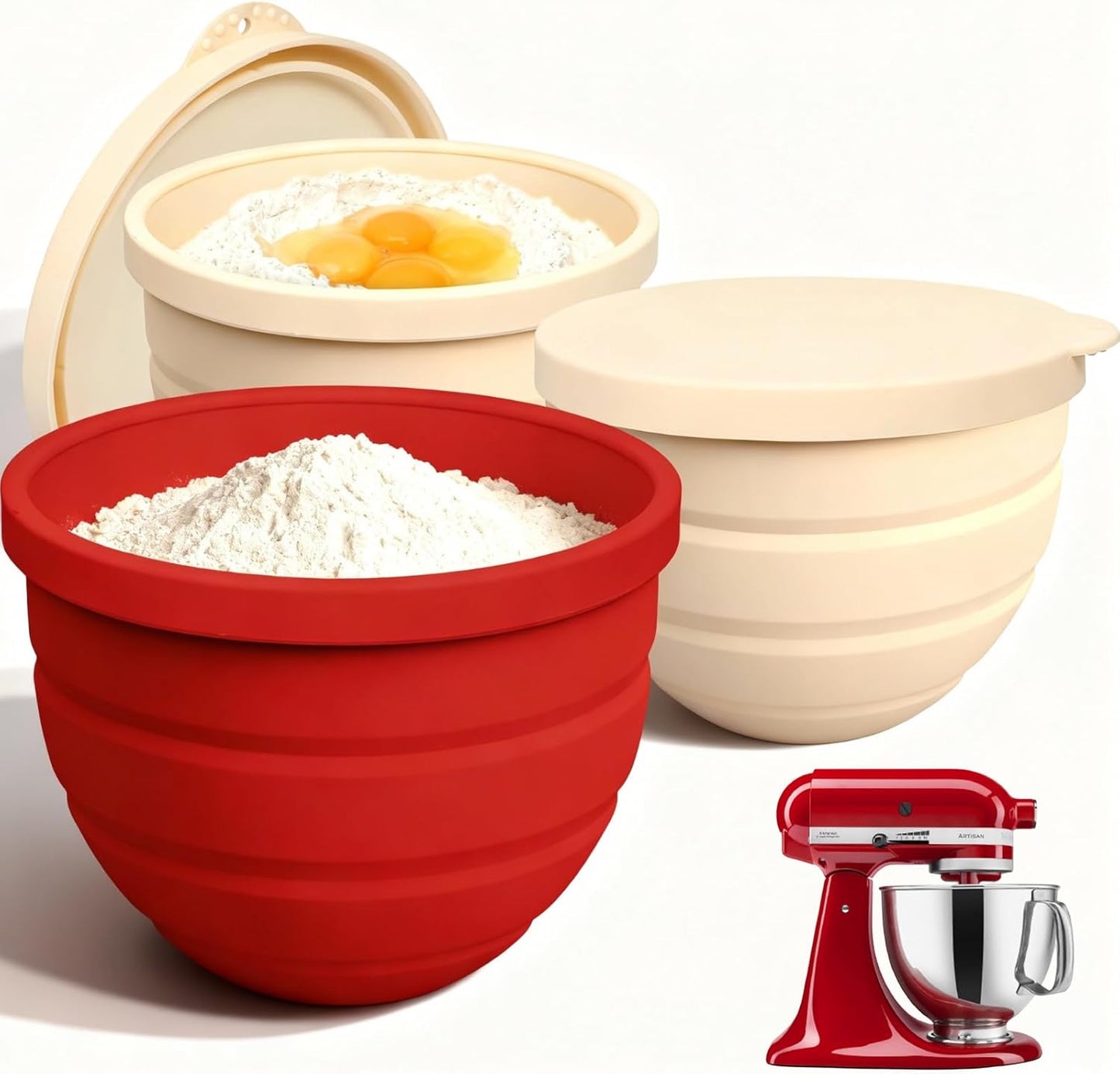 Silicone Bowl Insert for Kitchen Aid 5 Qt Tilt-Head - Patented Design Bowl Liner, 2pack with Lids, Resistant to collapse Thicker Bowl Insert, Foldable, Heat/Cold Resistant (Beige*Pink)