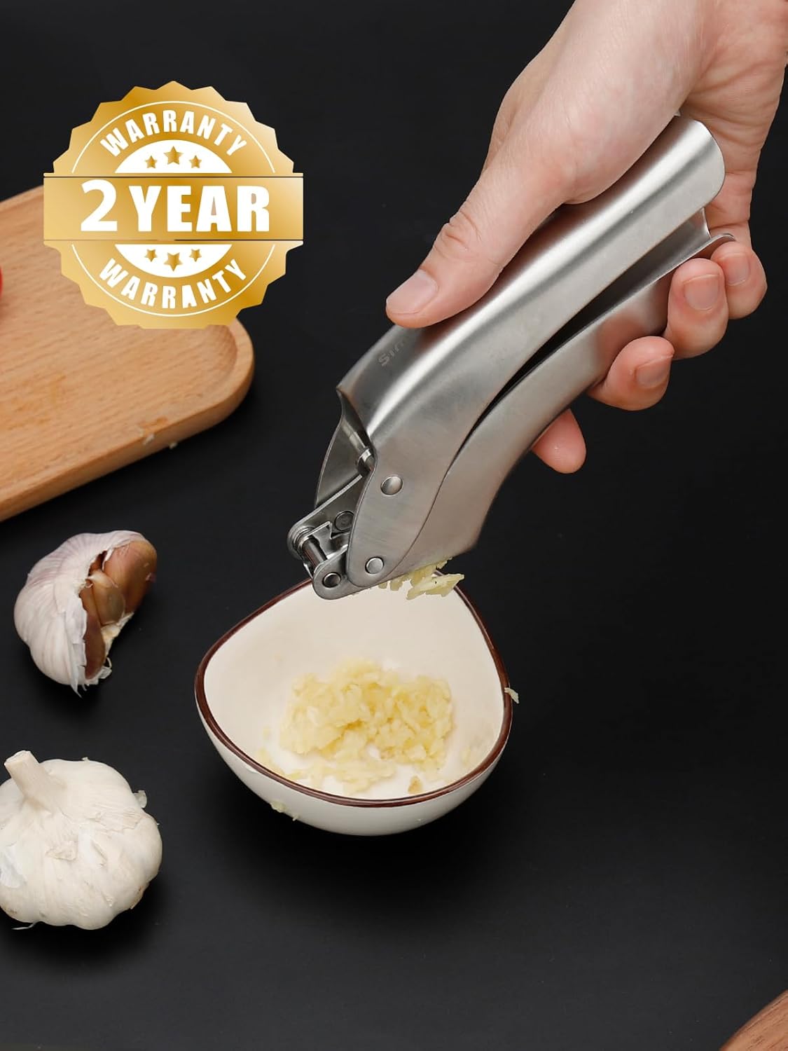 No-Peel Garlic Press – Heavy Duty Stainless Steel Garlic Crusher, Rust-Proof & Ergonomic Handle, 270° Flip for Easy Cleaning, Dishwasher Safe, 2-Year Warranty