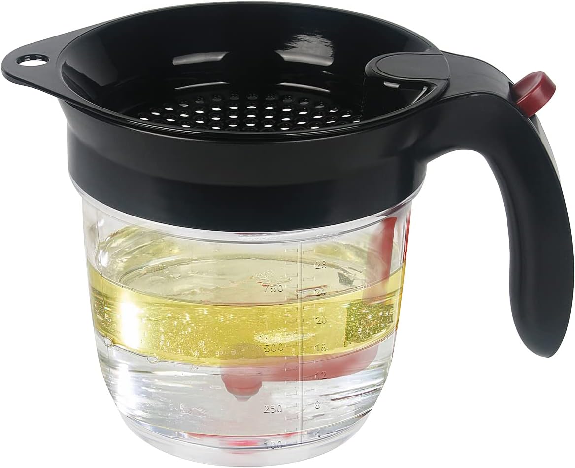 Fat Separator with Bottom Release - 4 Cup/32oz Gravy Separator, Grease Skimmer with Top Strainer & Measurement Marks - Heat Resistant Oil Separator for Healthy Cooking, Soup, Sauce & Stock