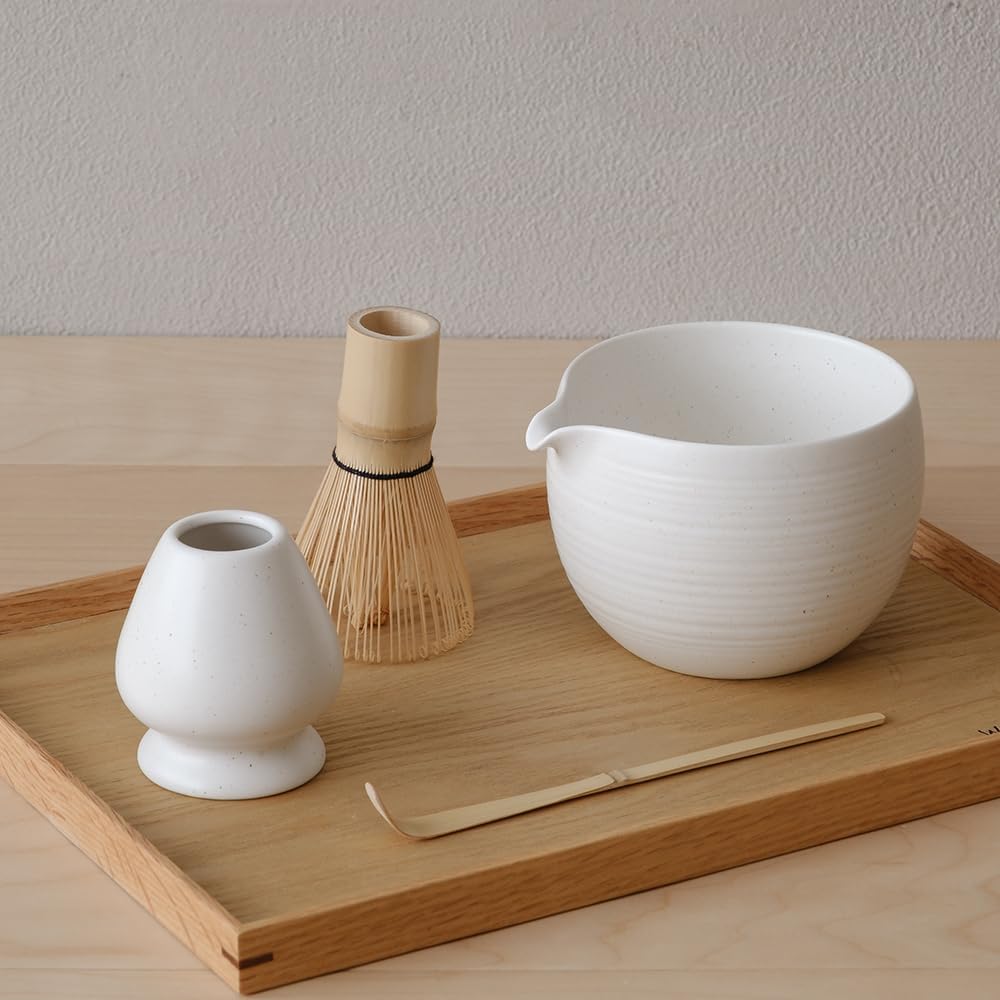 Matcha Whisk Set, Ceramic Matcha Bowl & Whisk Holder, Bamboo Accessory, Modern Design (Matte Crème, Pouring Spout) (Matte Crème)