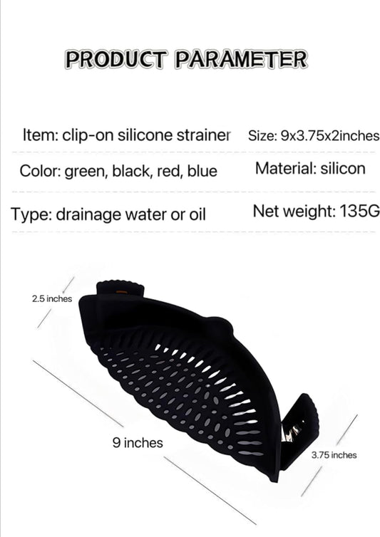 Clip On Strainer Silicone for All Pots and Pans, Pasta Strainer Clip on Food Strainer for Meat Vegetables Fruit Silicone Kitchen Colander (Grey)
