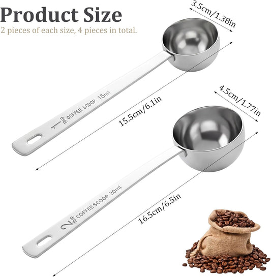 4PCS Stainless Steel Coffee Scoop Set, 1 Tbsp (15ml) & 2 Tbsp (30ml) Coffee Measuring Spoons, Metal Long Handle Measuring Spoons for Ground Coffee Tea Spices and Powder