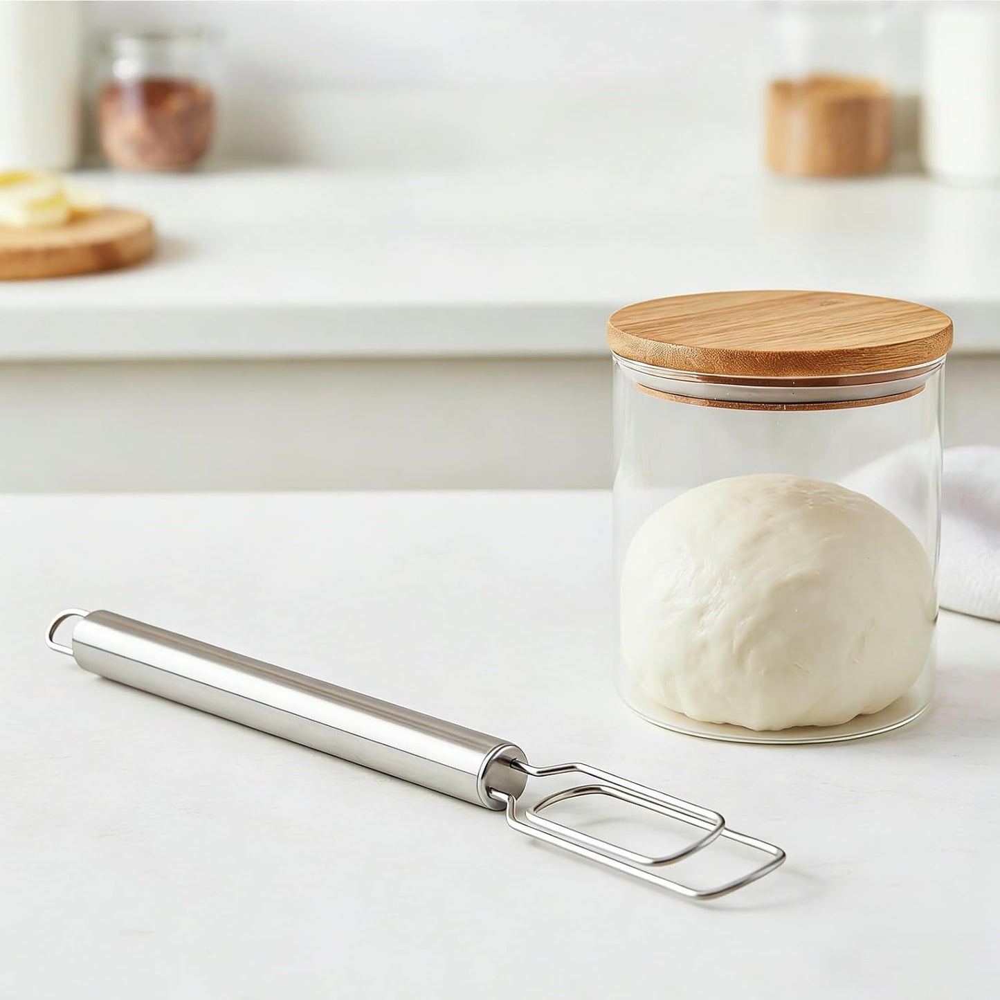 Dough Whisk for Sourdough Starter Stainless Steel Sourdough Starter Stirring Reaches Jar Bottom Dough Hand Mixer Bread Whisk Tool for Pizza Bread Cake Mixing Cooking