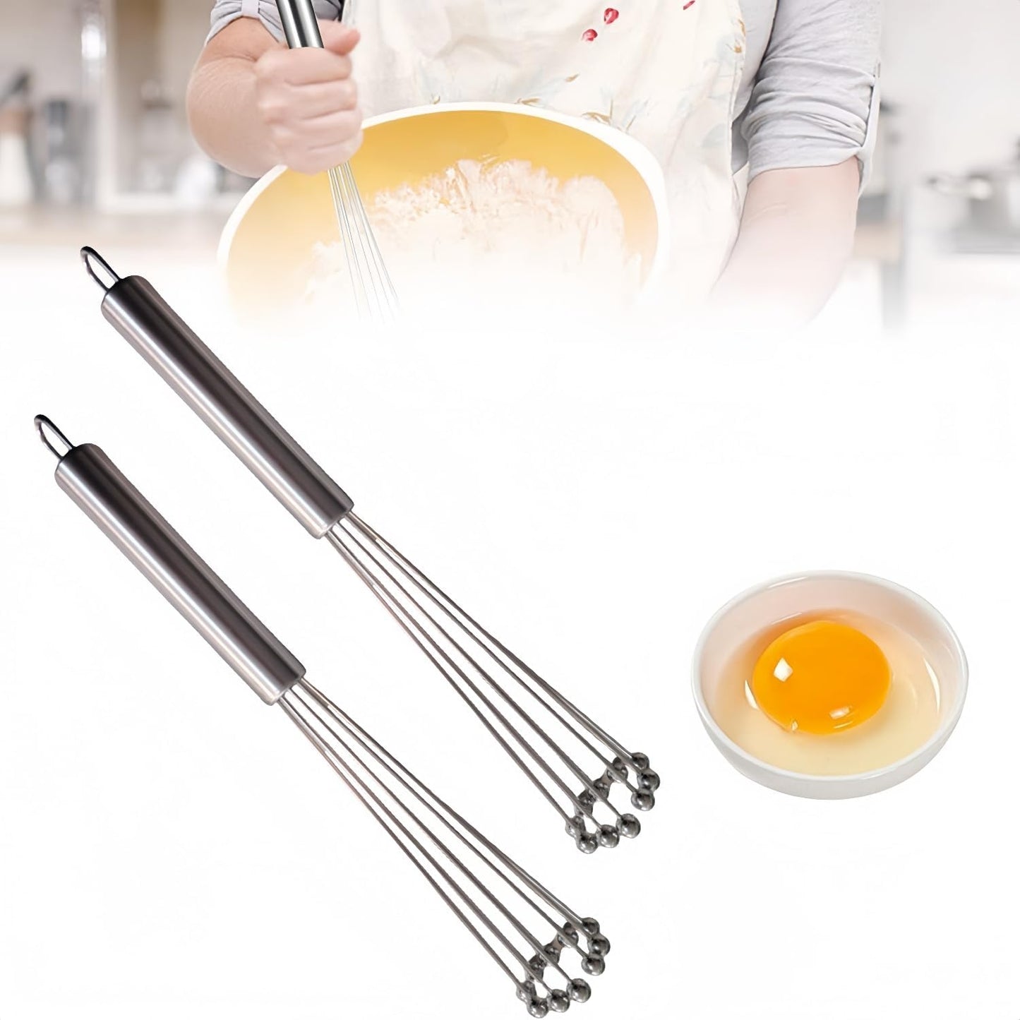 2 PCS 10.23inch Stainless Steel Ball Whisks,Durable Manual Egg Beater, Dishwashable Kitchen Whisk,Cream whisk, kitchen baking tool