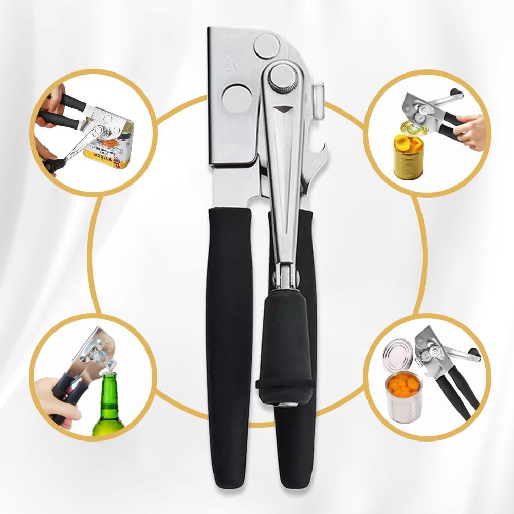 NUFR Commercial Heavy-Duty Manual Can Opener with Easy-Turn Crank, Long Rubber Handle & Magnetic Lid Holder