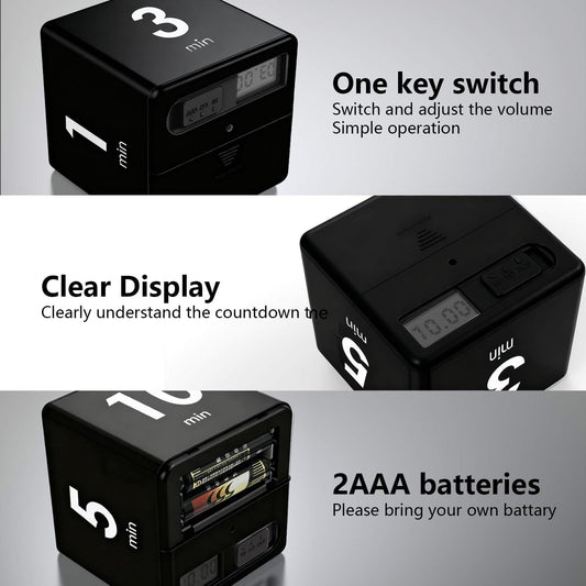Cube Timer Black,Pretmess Gravity Flip Kitchen Timer for Time Management and Countdown Settings 1-3-5-10 Minutes