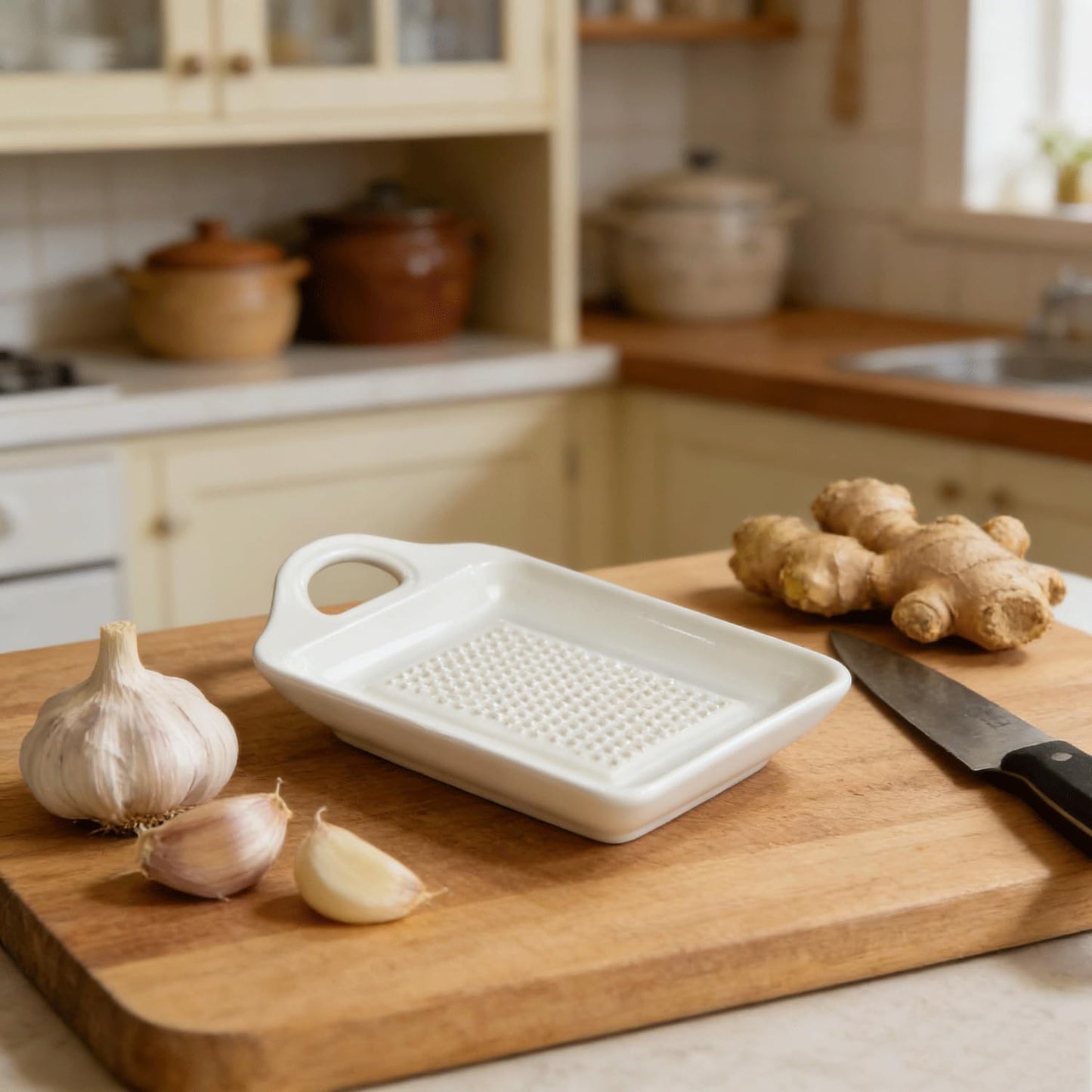 Ceramic Garlic Grater Plate, Ginger Grinder & Garlic Mincer with Raised Teeth, Multi-Function Manual Grater for Baby Food, Vegetables, Fruit & Spices, White