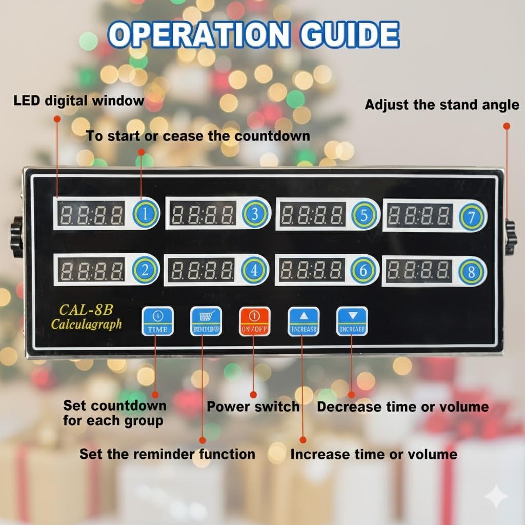 Commercial 8 Channels Digital Kitchen Timer, Stainless Steel Calculagraph Timer with Loud Alarm for Restaurant, Clock Reminder on Multiple Events