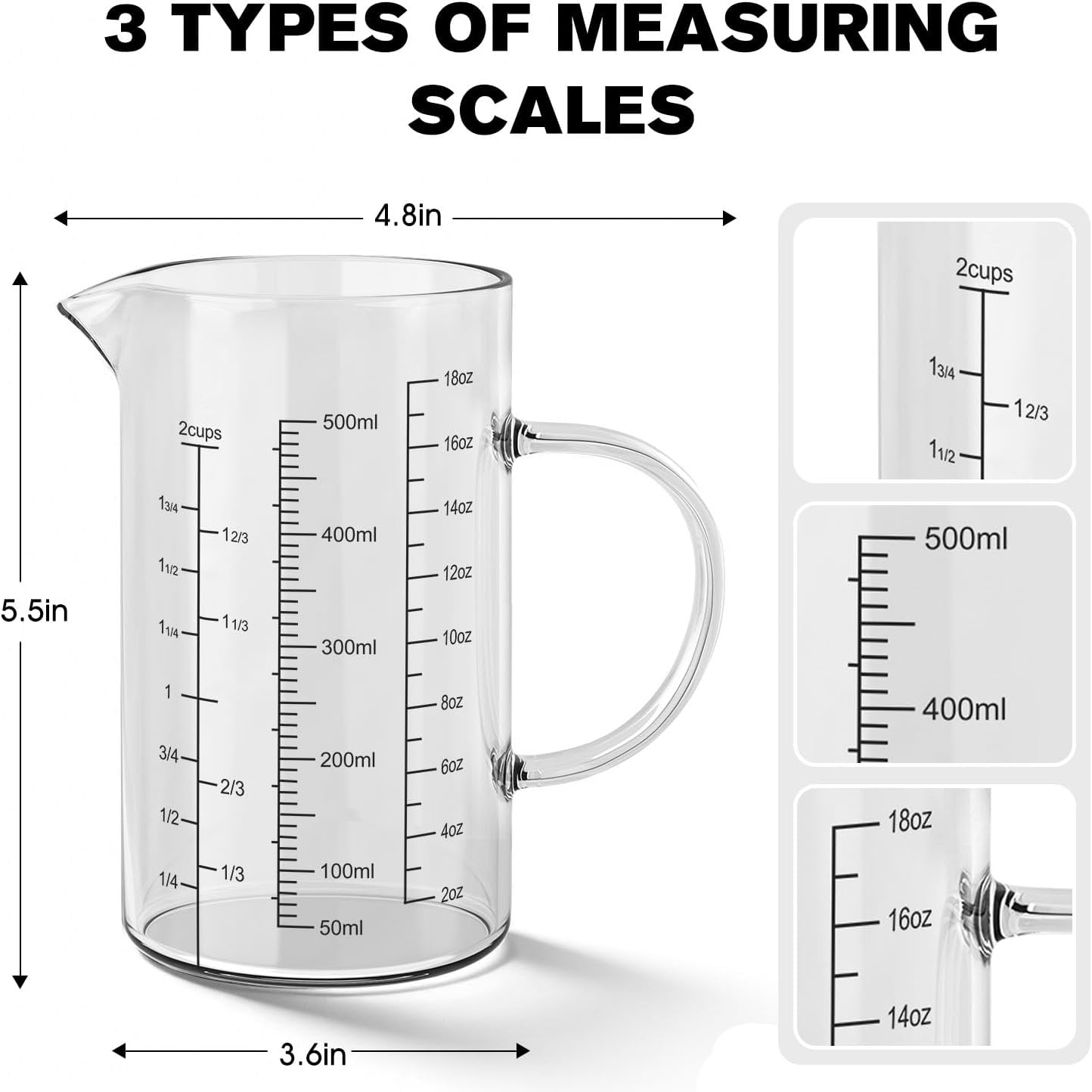 18OZ 500ML Glass Measuring Cup with Insulated Handle, 2 Cups Borosilicate Glass Measuring Cups – Easy Read Liquid Measuring Cups with V-Shaped Spout, 3 Scales (OZ,ML,Cup), for Baking Coffee Milk