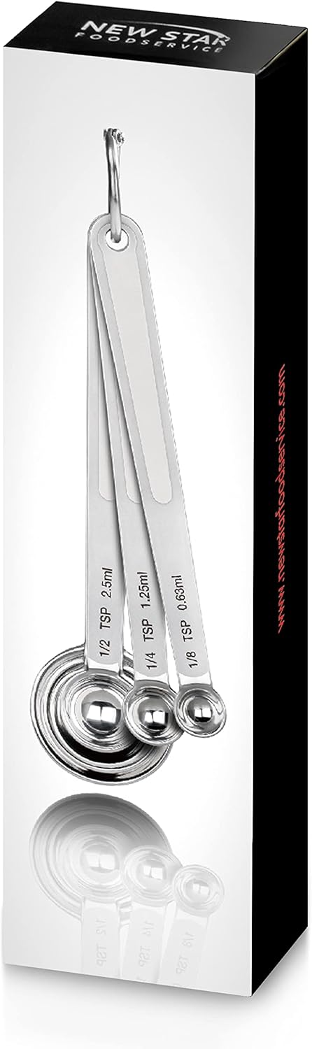 New Star Foodservice 43112 Stainless Steel Measuring Spoons, Set of 6, Round Metal Measuring Spoon Set with Ring Hook for Baking, Cooking, Spices, Wet and Dry Ingredients, Silver