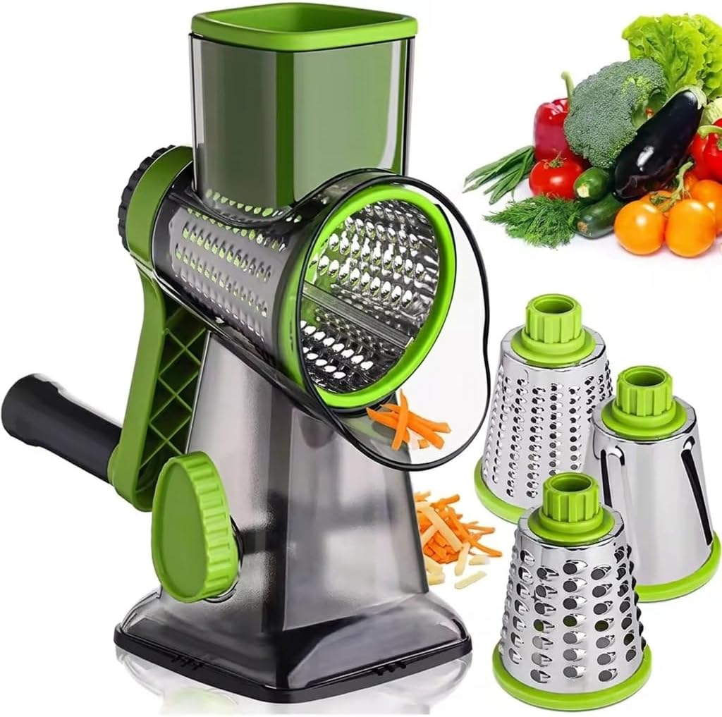 Rotary Cheese Grater with 3 Stainless Steel Blades – Manual Cheese, Vegetable, Nuts Slicer & Shredder with Strong Suction Base, Round mandoline slicer & Food Chopper - Hand Crank Grater with Handle