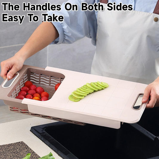 Multifunctional Over the Sink Cutting Board with Strainer Basket, Kitchen Prep Station for Vegetable Fruit Meat, Space Saving Chopping Block for RV Camping and Home Kitchen (White)