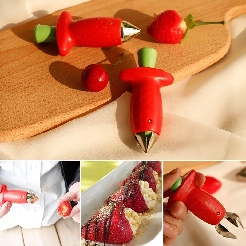 Slowtee 3pcs Strawberry Slicer/Cutter/Corer, Strawberry Huller Fruit Leaf Stem Remover Salad Cake Tools for Kitchen Gadget Accessories, 2 Leaf Stem Removers, 1 Cutter