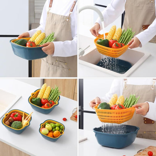 Kitchen Draining Basket Set 6Pcs Double-Layer Fruit Washing Basin and Vegetable Holder Stackable Colanders over Sink Drainer 10.23X9.44X3.93In