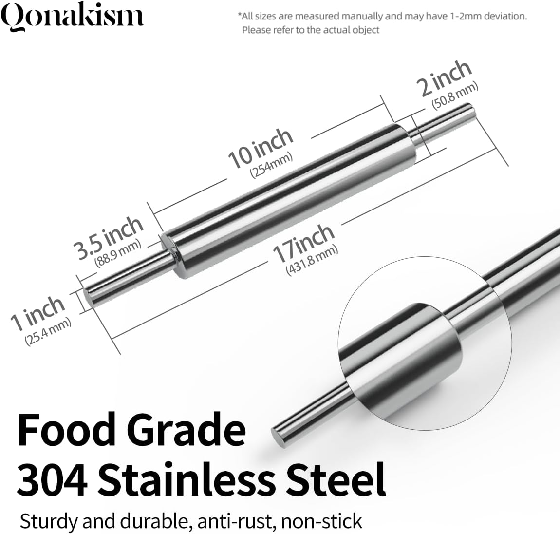 Rolling Pin (17 Inches) –304 Stainless Steel Roll Pins for Baking Pizza Dough Pie Cookie-Dough Roller& Smooth Construction - Essential Kitchen Utensil