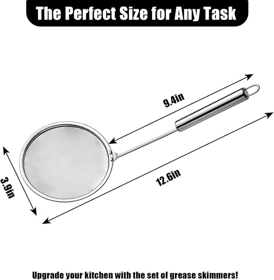 Stainless Steel Fat Skimmer Spoon 4”Multi-Functional Fine Mesh Hot Pot Grease Strainer with 9.4” Heat-Resistant Handle For Frying, Soup, Quinoa, Miso