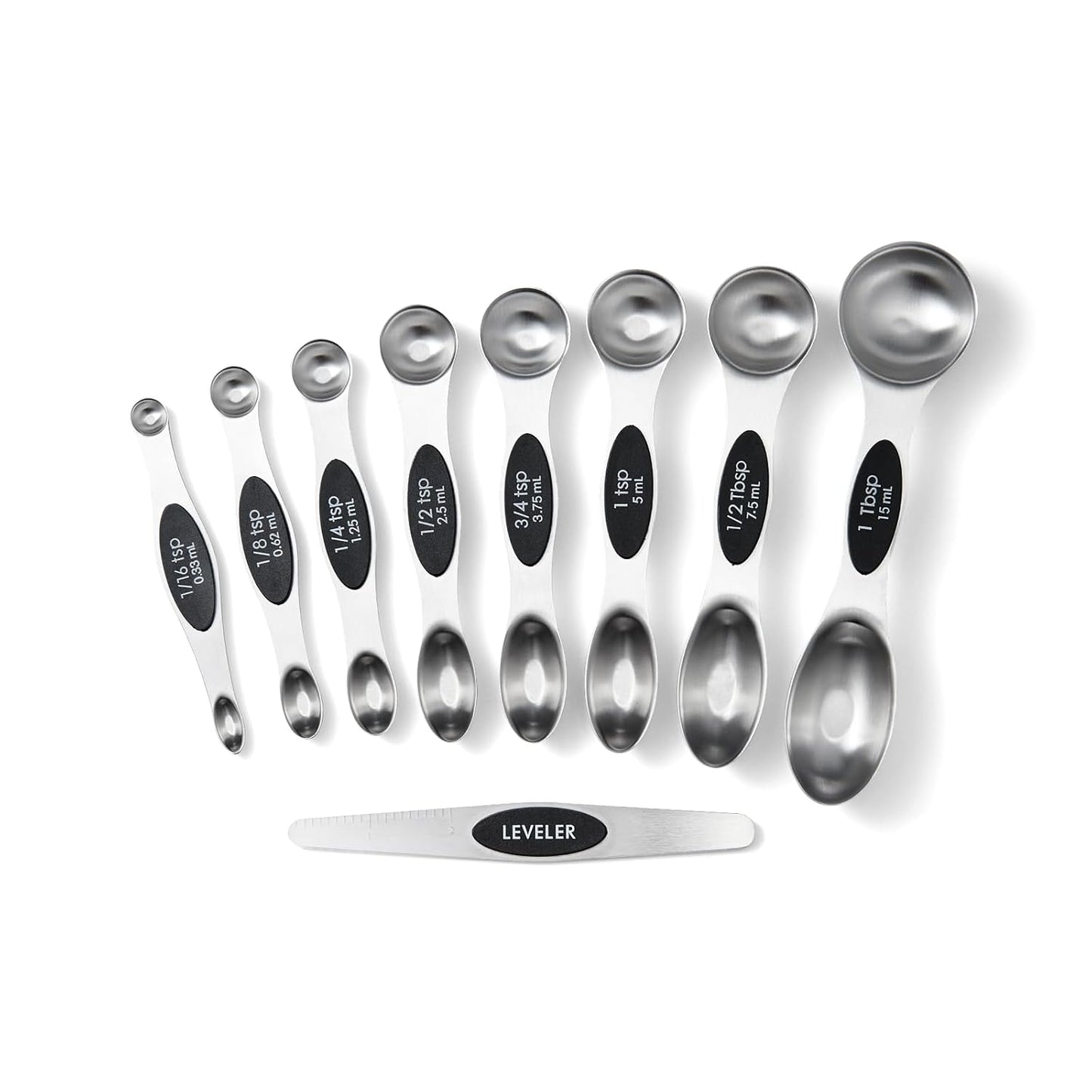Magnetic Measuring Spoons Set, 9-Piece Stainless Steel with Leveler, Stackable Double-Sided Spoons, Black