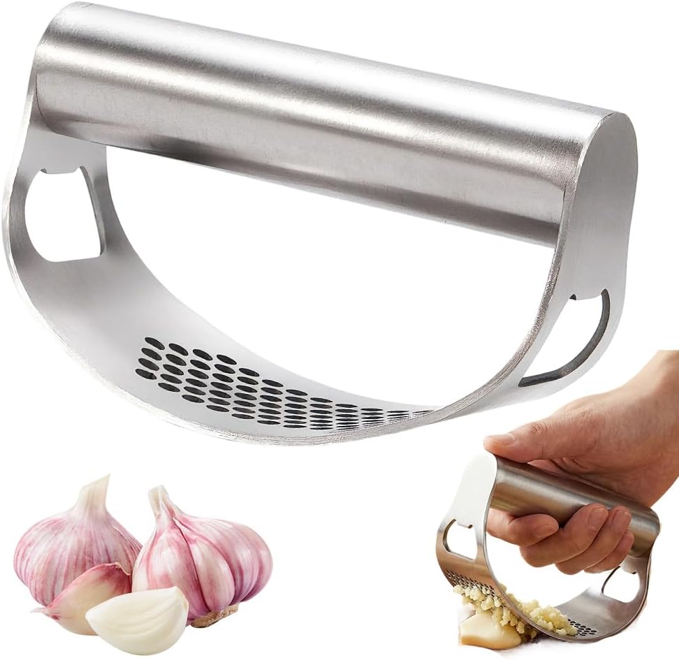 Kruggo Garlic Press Rocker, Stainless Steel Garlic Crusher, Mincer and Chopper with Peeler and Cleaning Brush, Comfortable Grip & Effortless Smashing, Essential Kitchen Tools (Crusher+Peeler- 2PCS)
