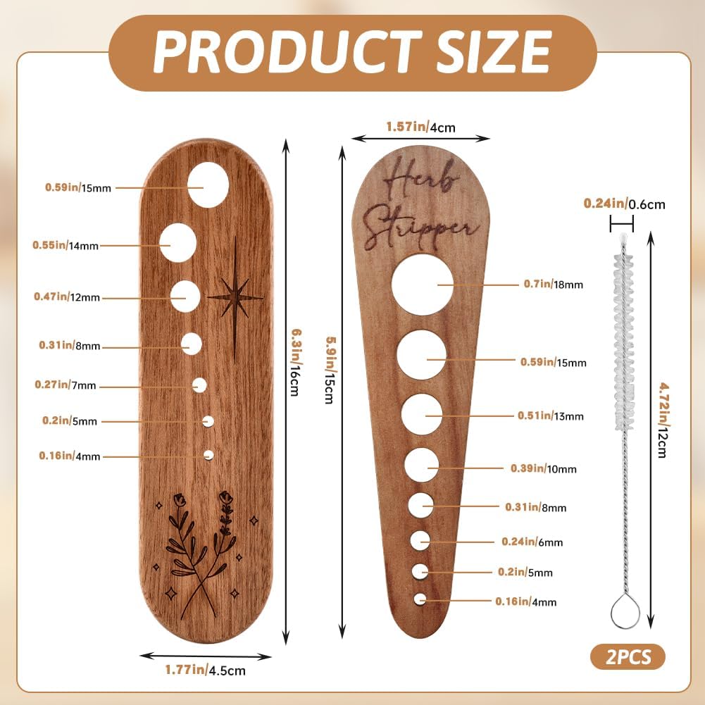 Herb Stripper 2pack, 7 Hole/8 Hole Wooden Vegetable Leaf Separator, 4mm-18mm Sized Holes Handmade Herb Stripper Tool with Cleaning Brush, Gifts for Chefs and Home Cooks