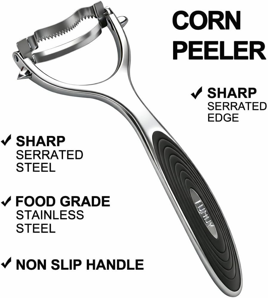 Corn Peeler Tool Set, Stainless Steel Corn Kernel Remover with Serrated Blade, Ergonomic Non-Slip Handle, Includes Corn Holders for Easy Corn Cutting