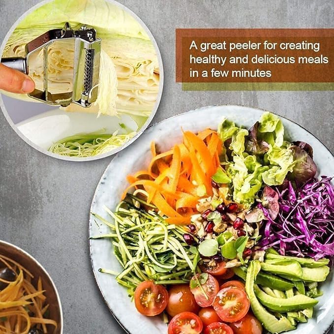 2 in 1 Stainless Steel Julienne Vegetable Peeler Multi-Functional Fruit & Veggie Shredder Slicer and Grater for Potatoes, Carrots, Cucumbers (Silver) Pack of 1