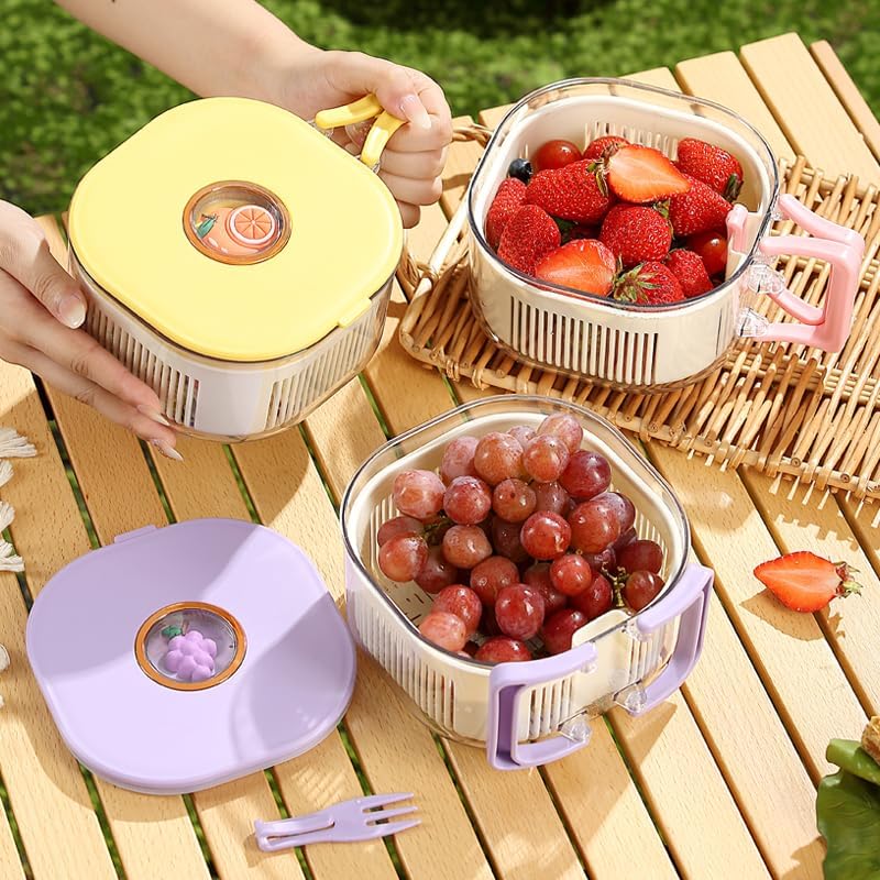 Fruit and Salad Washing Bowl with Strainer,Colander for Kitchen,Multi-Functional Vegetable and Food Drainer with Lid, Handle and Fork,Portable Fruit and Salad Containers for Fridge,BPA Free,Grape