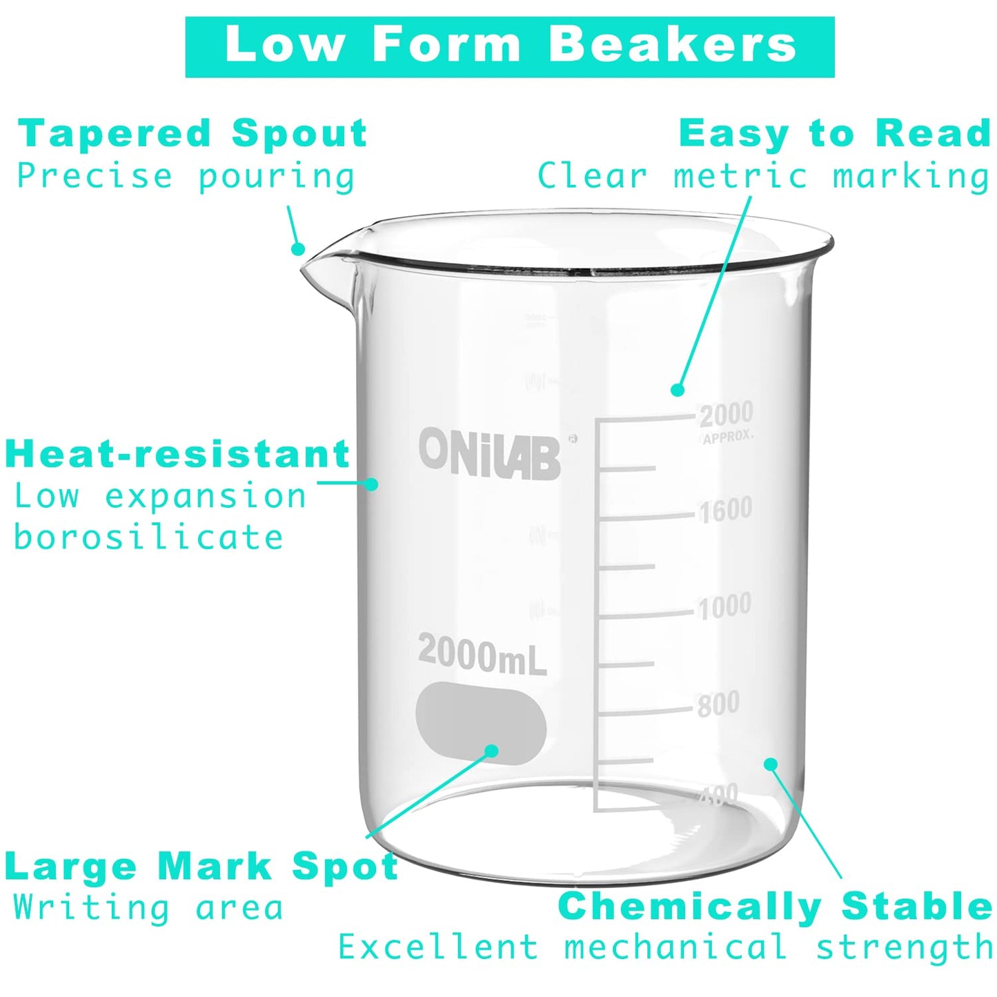 ONiLAB Glass Measuring Beaker Set 50ml 100ml 250ml 500ml 1000ml(Pack of 5) 3.3 Boro Griffin Low Form with Printed Graduation Scientific Glassware for Laboratories, Classrooms or Home Use